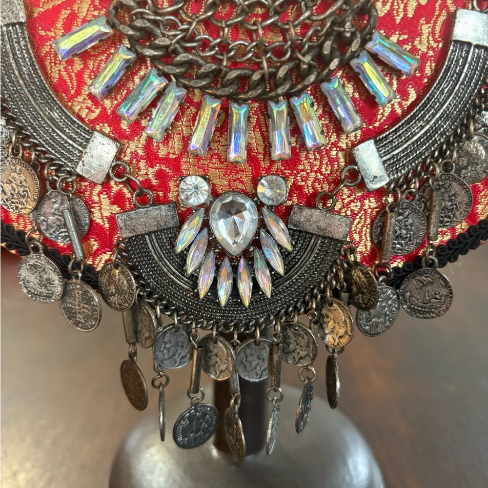 Egyptian look silver  Ornate Necklace with Fan-Shaped Centerpiece Coin Charms